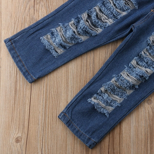 2pcs Fashion Kids T shirt Ripped Jeans Outfit